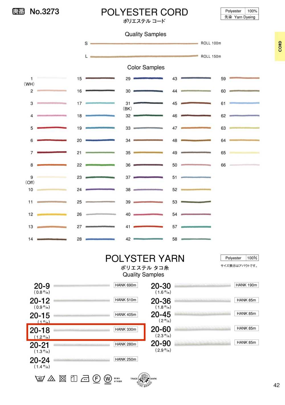 20-18 خيط بوليستر[الأشرطة، والأشرطة القماشية، والحبال] ROSE BRAND (Marushin)
