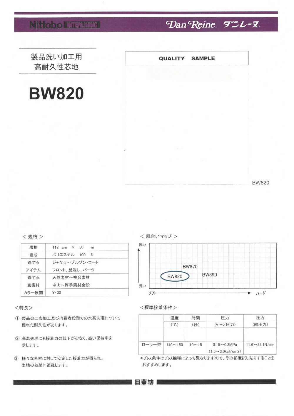 BW820 تشطيب مغسول للملابس، فازلين (قماش التقوية) متين للغسيل قائم على الماء (30D) Nittobo Advantex