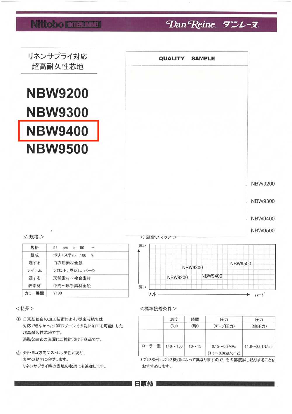 NBW9400 فازلين (قماش التقوية) عالي المتانة للاستخدام الشاق لغسيل الملابس، نوع صلب Nittobo Advantex