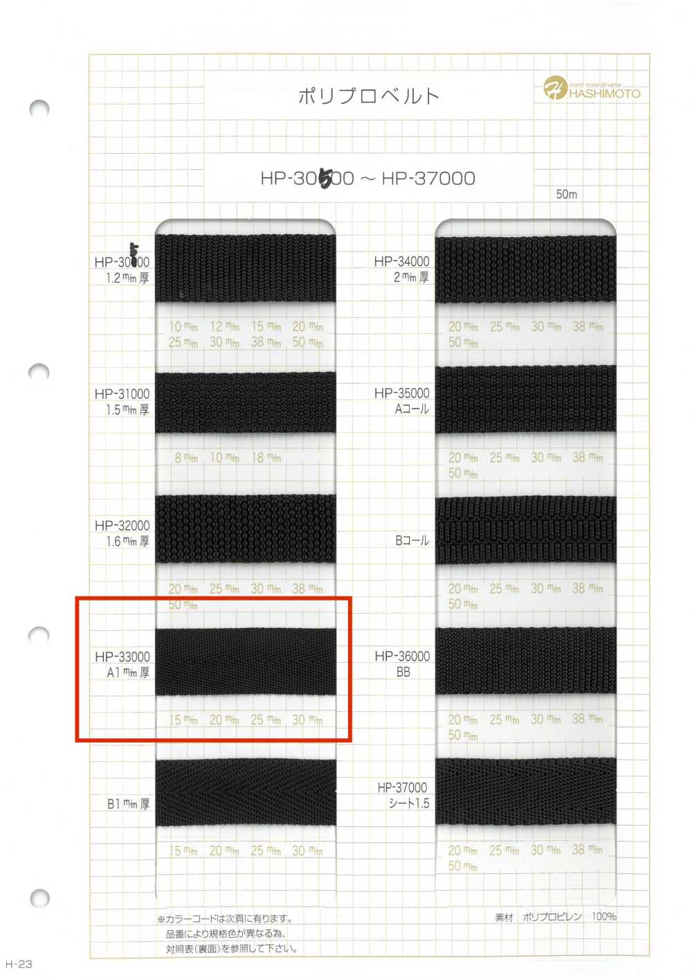 HP33000-A HP33000 A1mm حزام بولي بروبيلين سميك[الأشرطة، والأشرطة القماشية، والحبال] هاشيموتو
