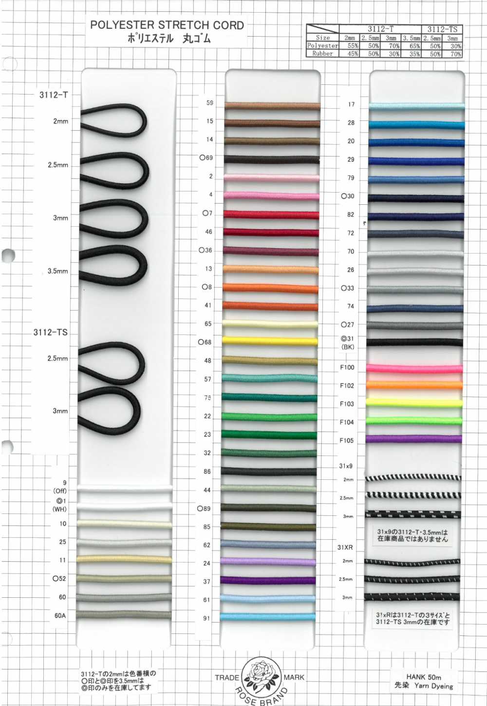 3112T/TS-SAMPLE 3112T/3112TS شريط مطاطي دائري من البوليستر كتالوج عينات[بطاقة عينات] ROSE BRAND (Marushin)