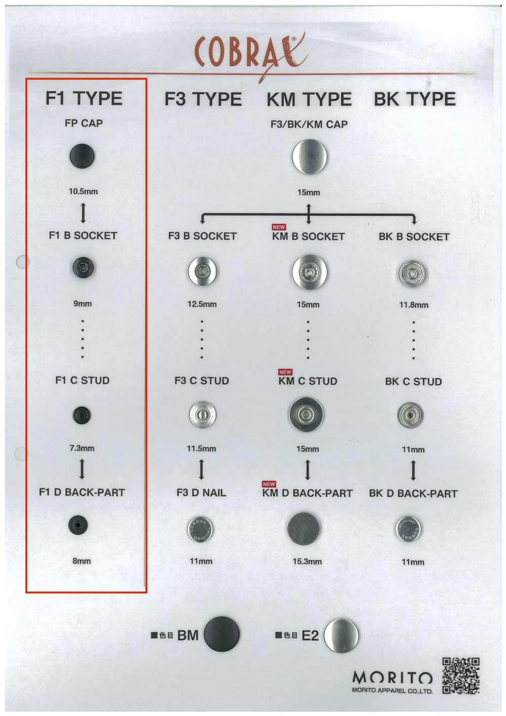 F1-P/B/C/D COBRAX® F1 مجموعة من 4 قطع (الغطاء/القاعدة/السن/القطعة الخلفية)[المثبتات الضاغطة والحلقات المعدنية] Morito (MORITO)