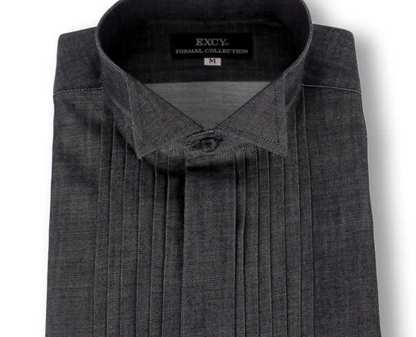 ST-509D قميص دنيم من قطن بيما بياقة مجنحة وطيات بقصة فائقة الضيق[مستلزمات رسمية] Yamamoto(EXCY)