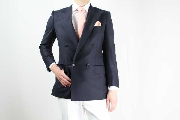 GXPWJ1 جاكيت مزدوج الصدر بلون كحلي سادة باستخدام قماش DORMEUIL