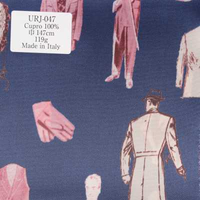 URJ-047 بطانة مطبوعة من Cupro 100%، صنع في إيطاليا، بنقشة Gentleman، أزرق